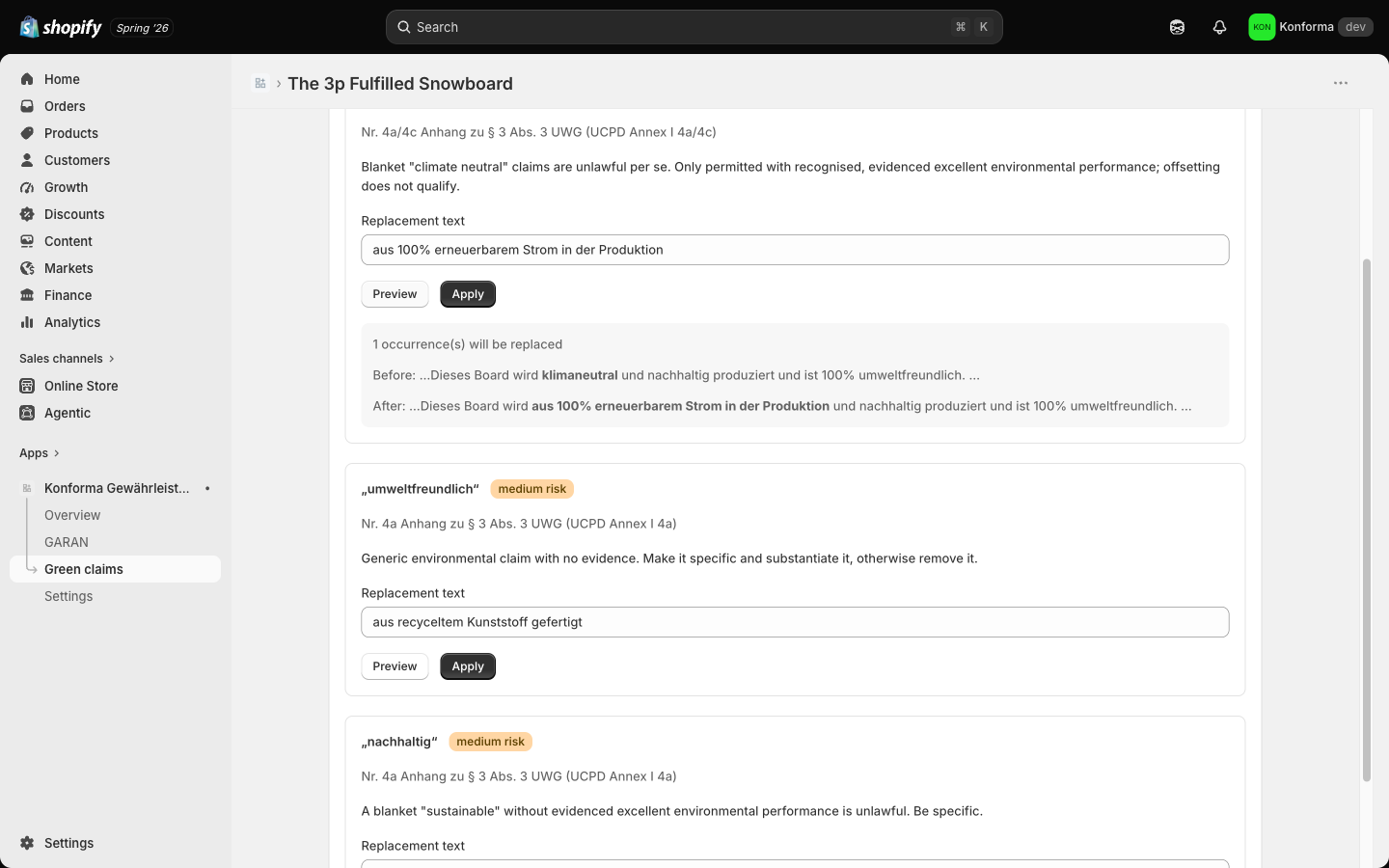 Konforma's fix flow: the flagged wording with its legal basis, the suggested draft, and the approval step before anything is written back to the shop
