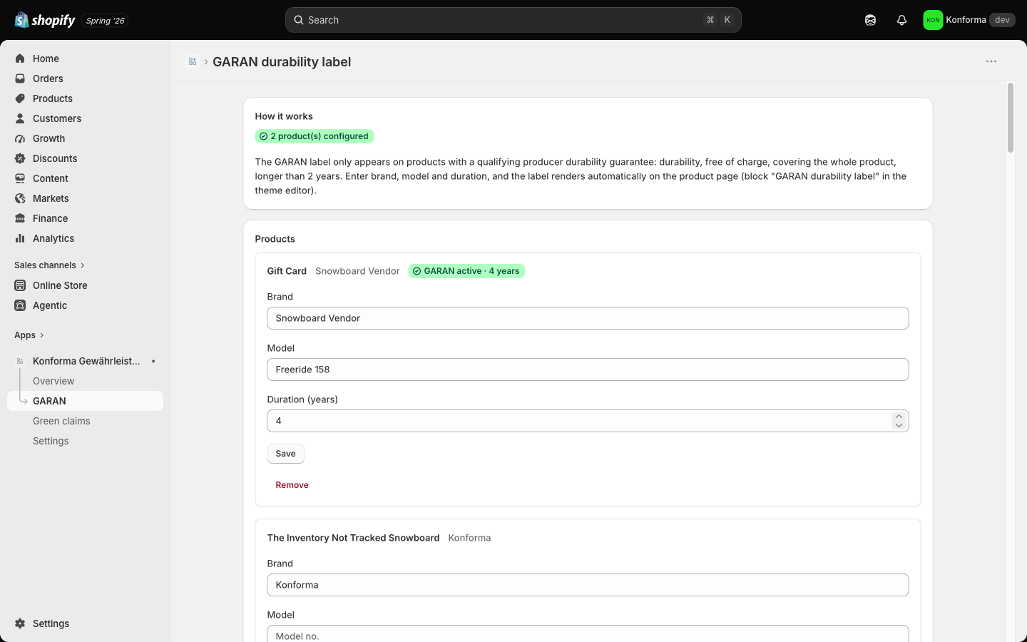 Konforma's GARAN configuration: brand, model and duration per product, the label renders automatically on qualifying products